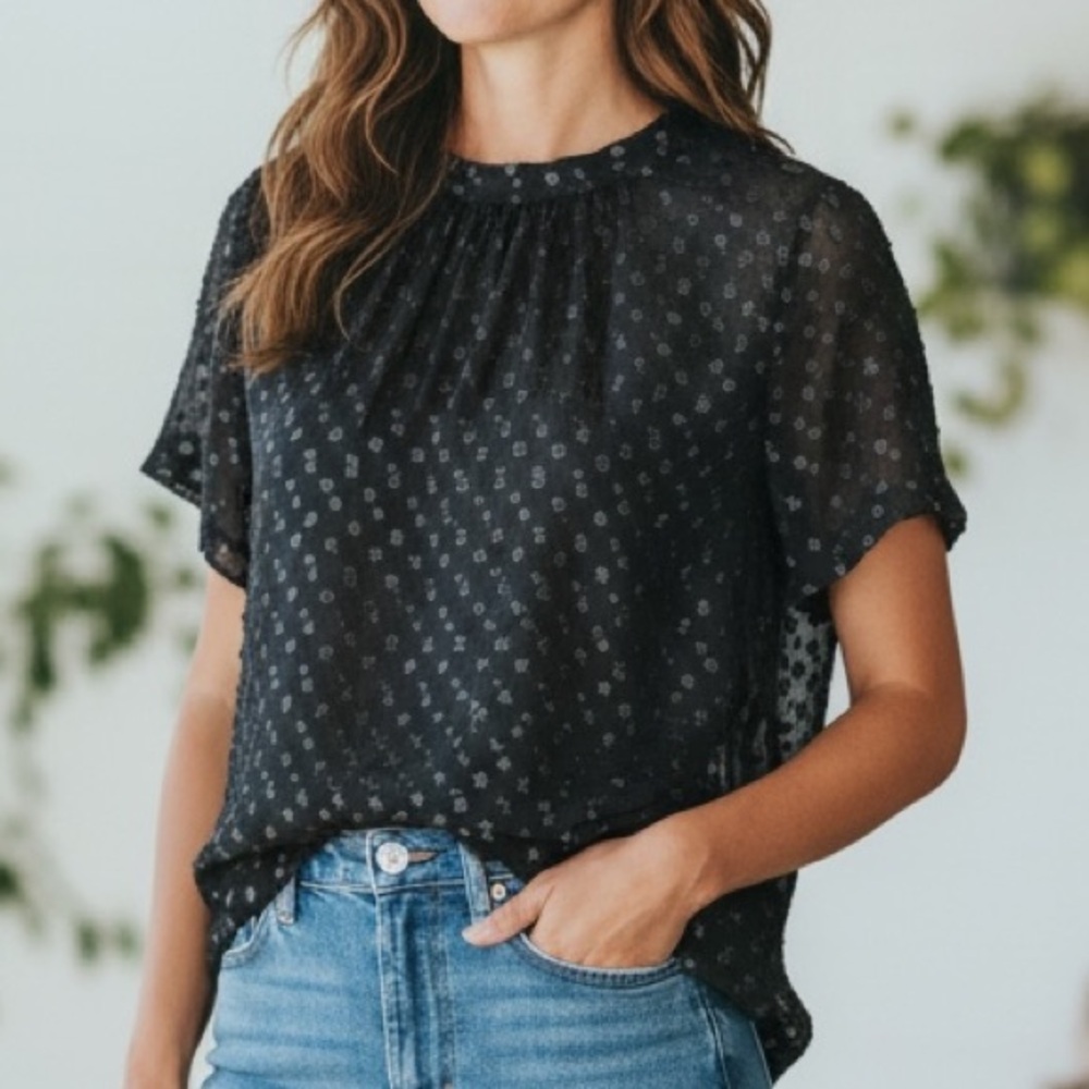 Madewell Couture Black Sheer Goth Short Sleeve Blouse, Size M